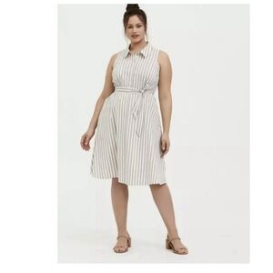 Torrid Taupe White Stripe Poplin Sleeveless Button Shirt Dress Size 1X Pockets